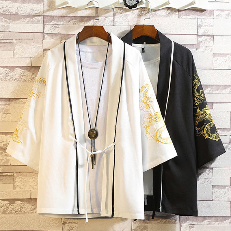 Giacca da uomo con kimono aperto sul davanti, ricamo di Buddha Stones, drago, fenice, nuvola di buon auspicio, onde, foglie, gru - image 36