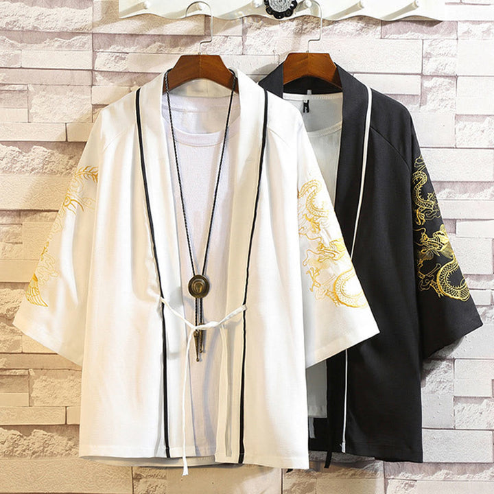 Giacca da uomo con kimono aperto sul davanti, ricamo di Buddha Stones, drago, fenice, nuvola di buon auspicio, onde, foglie, gru - image 36