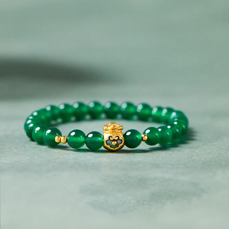 Bracciale Buddha Stones in argento sterling 999 con calcedonio verde e ciondolo portafortuna - Calcedonio verde (circonferenza del polso: 17-19 cm) - image 0