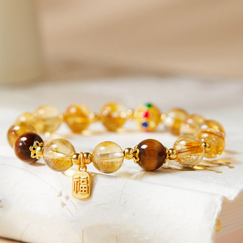Bracciale di protezione in argento sterling 925 con citrino e occhio di tigre, carattere Fu, Buddha Stones - image 2