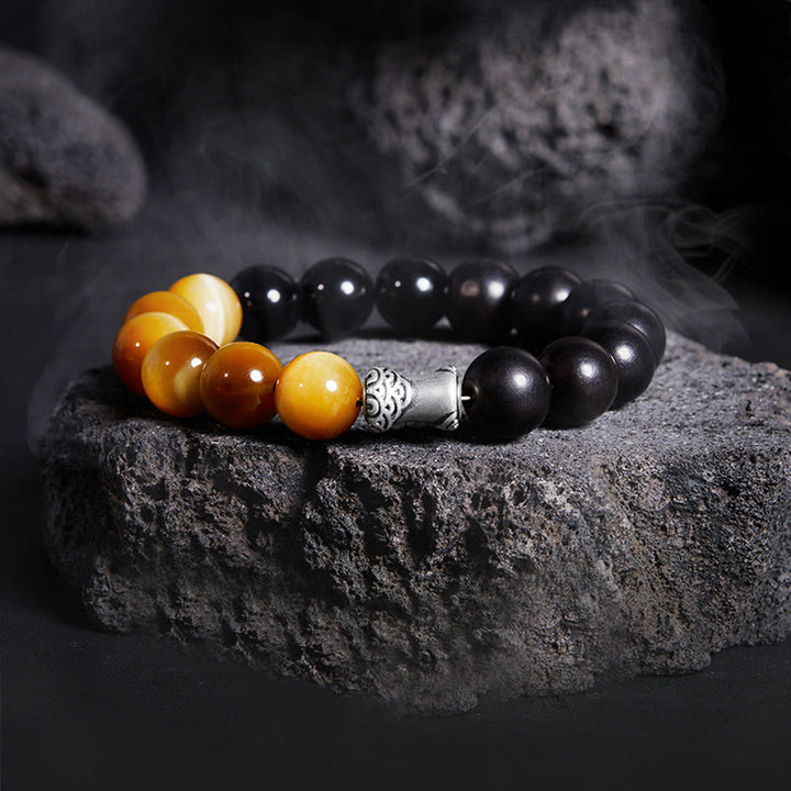 Bracciale relax Buddha Stones in argento sterling 999, ebano, occhio di tigre, ossidiana nera - Ebano (circonferenza del polso: 18-20 cm) - image 0