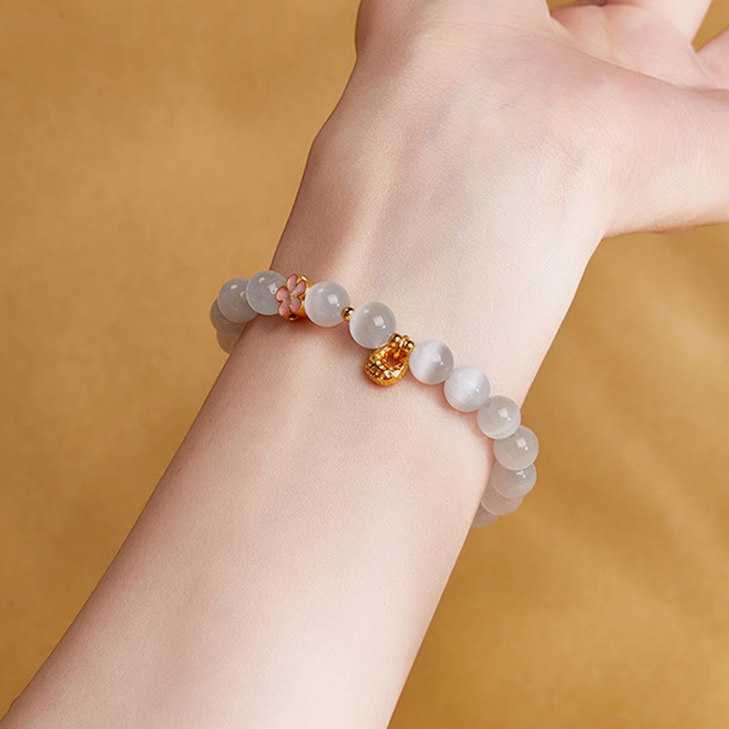 Bracciale Buddha Stones in argento sterling 925 con pietra naturale in fiore di pesco e occhio di gatto bianco positivo - image 8