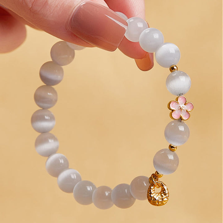 Bracciale Buddha Stones in argento sterling 925 con pietra naturale in fiore di pesco e occhio di gatto bianco positivo - image 3