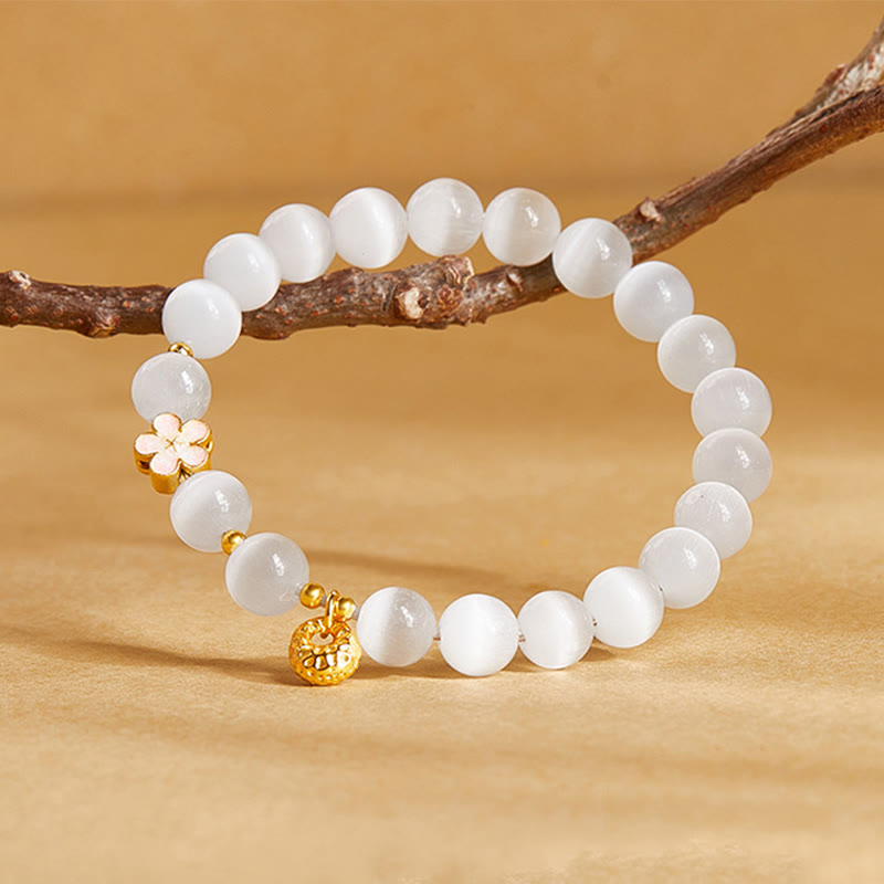 Bracciale Buddha Stones in argento sterling 925 con pietra naturale in fiore di pesco e occhio di gatto bianco positivo - image 1