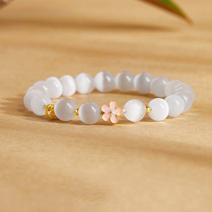 Bracciale Buddha Stones in argento sterling 925 con pietra naturale in fiore di pesco e occhio di gatto bianco positivo - Occhio di gatto bianco (circonferenza del polso: 17-19 cm) - image 0