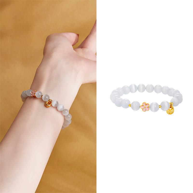 Bracciale Buddha Stones in argento sterling 925 con pietra naturale in fiore di pesco e occhio di gatto bianco positivo - image 9