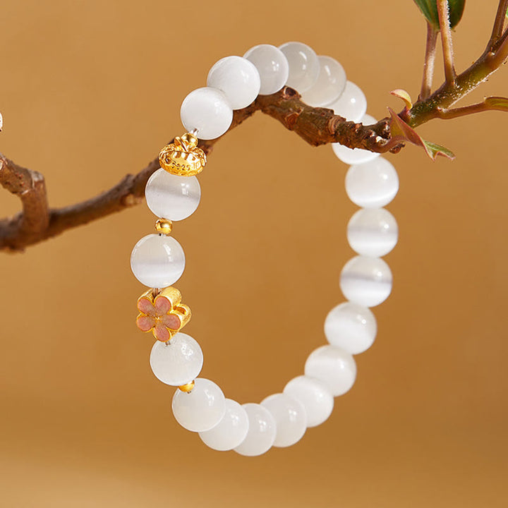 Bracciale Buddha Stones in argento sterling 925 con pietra naturale in fiore di pesco e occhio di gatto bianco positivo - image 2