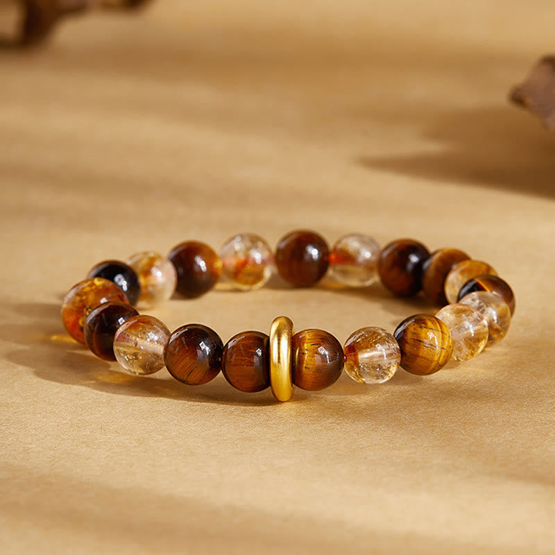 Bracciale di protezione con fibbia della pace in argento sterling 999 con citrino naturale e occhio di tigre Buddha Stones - Citrino (circonferenza del polso: 17-19 cm) - image 0