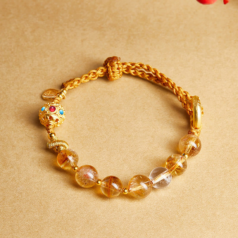 Bracciale con corda intrecciata in argento Buddha Stones 925, citrino naturale, cristallo bianco, fibbia della pace, significato del carattere Fu, protezione - image 3