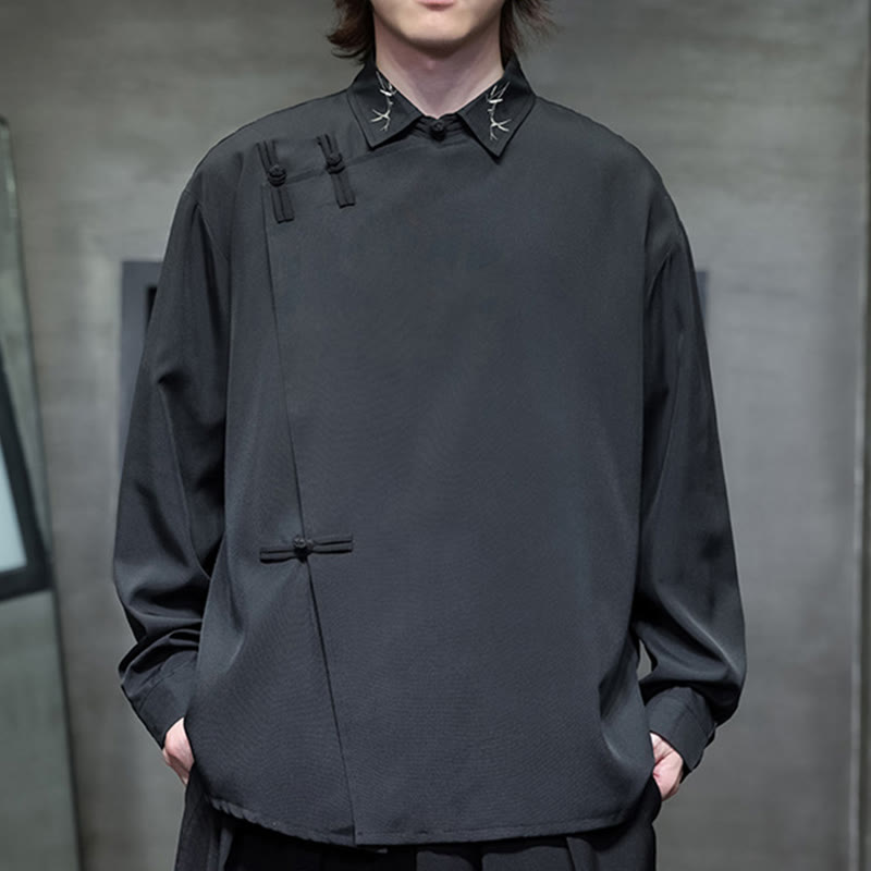 Camicia da uomo a maniche lunghe con risvolto, motivo a rana cinese vintage, colore puro, Buddha Stones e bottoni ricamati - Nero - US/UK/AU46, EU56 (5XL) - image 0