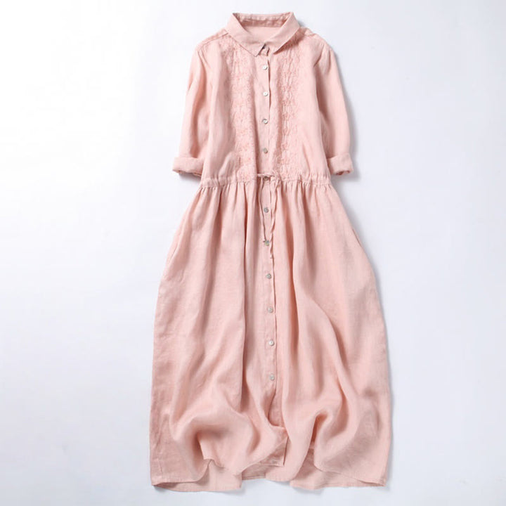 Abito midi a maniche lunghe in cotone e lino con tasche, ricamo vintage autunnale Buddha Stones, bottoni con coulisse e design - Rosa chiaro - US8-10, UK/AU12-14, EU40-42 (2XL) - image 0
