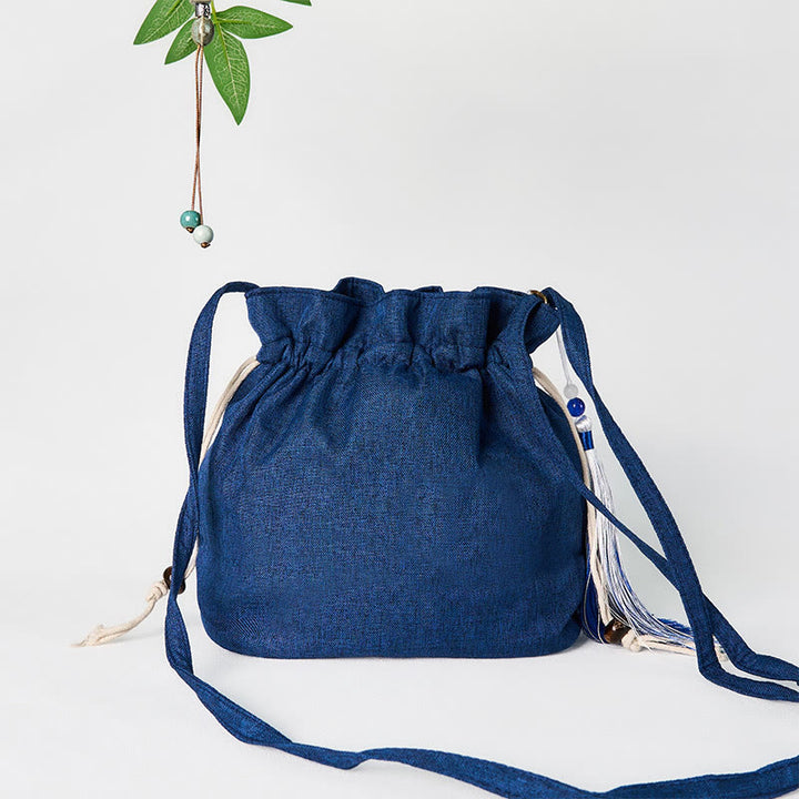 Borsa a tracolla in cotone e lino con gru blu navy ricamata con Buddha Stones