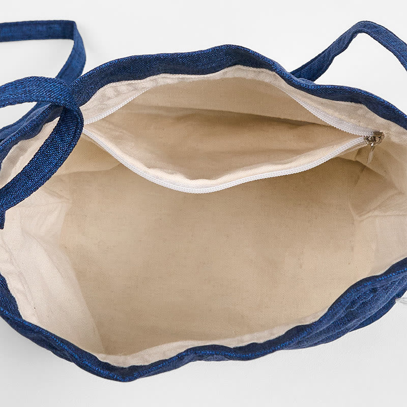 Borsa a tracolla in cotone e lino con gru blu navy ricamata con Buddha Stones
