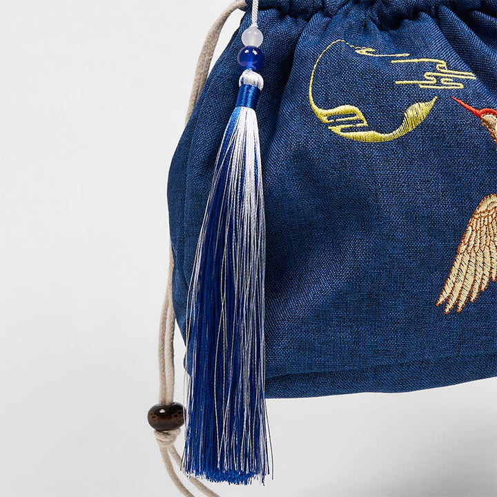 Borsa a tracolla in cotone e lino con gru blu navy ricamata con Buddha Stones