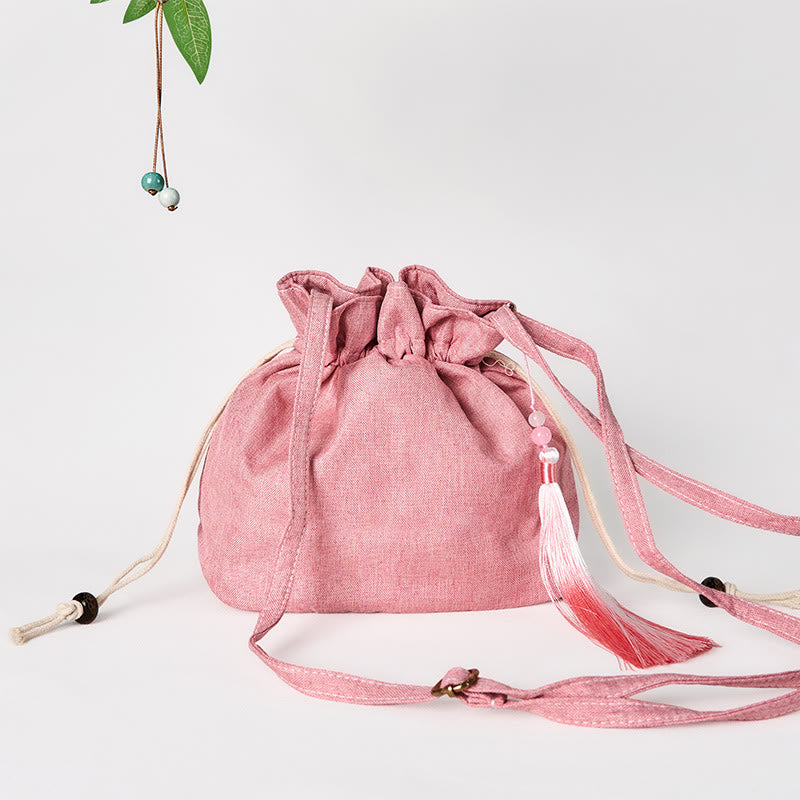 Borsa a tracolla in cotone e lino con ricamo Buddha Stones , colore: Rosa chiaro, motivo: Loto