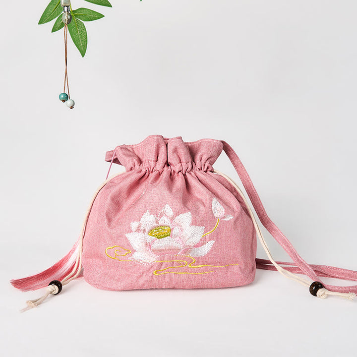 Borsa a tracolla in cotone e lino con ricamo Buddha Stones , colore: Rosa chiaro, motivo: Loto