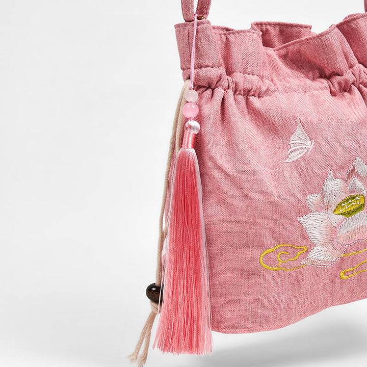 Borsa a tracolla in cotone e lino con ricamo Buddha Stones , colore: Rosa chiaro, motivo: Loto
