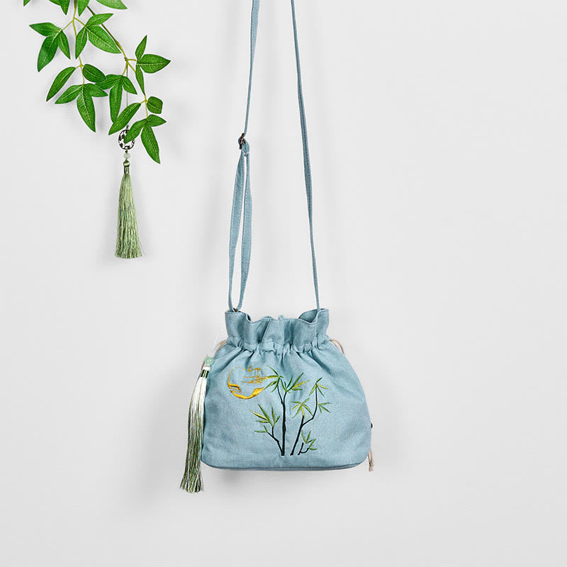 Borsa a tracolla in lino e cotone di bambù verde ricamata con Buddha Stones