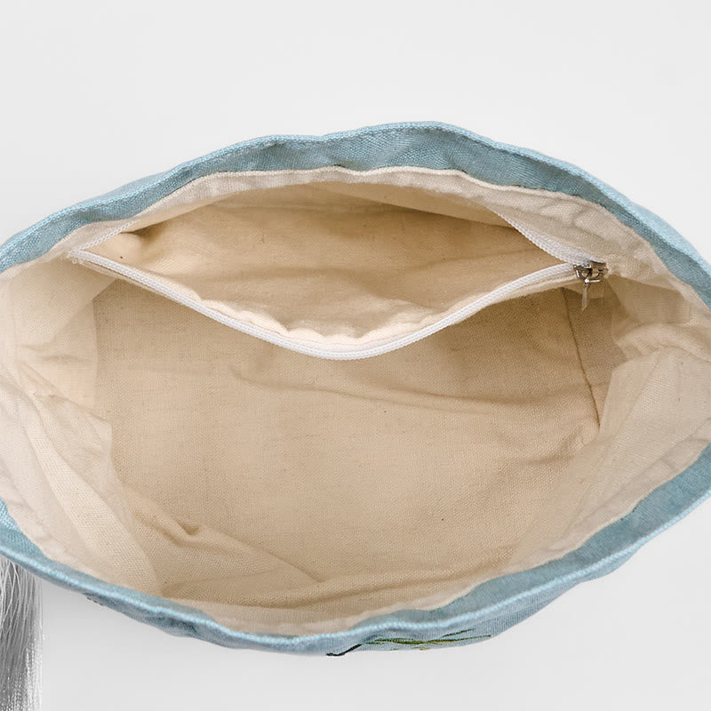 Borsa a tracolla in lino e cotone di bambù verde ricamata con Buddha Stones