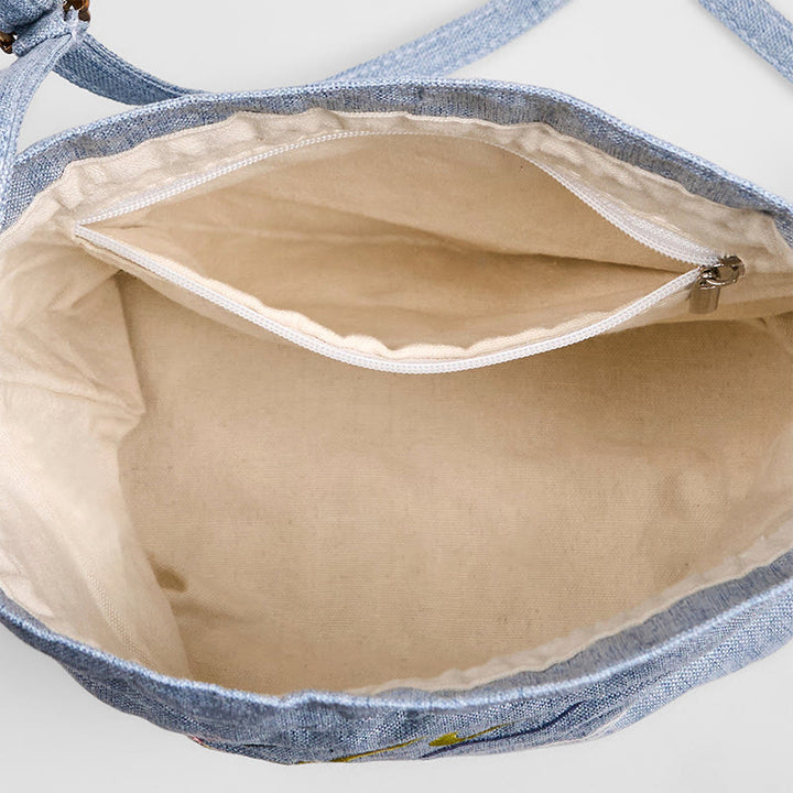 Borsa a tracolla in cotone e lino con Buddha Stones ricamate, fata azzurra, cervo, nuvole di buon auspicio