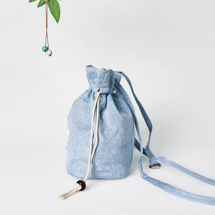Borsa a tracolla in cotone e lino con Buddha Stones ricamate, fata azzurra, cervo, nuvole di buon auspicio