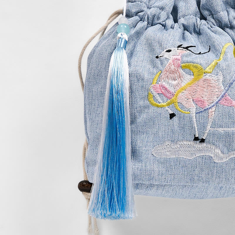 Borsa a tracolla in cotone e lino con Buddha Stones ricamate, fata azzurra, cervo, nuvole di buon auspicio