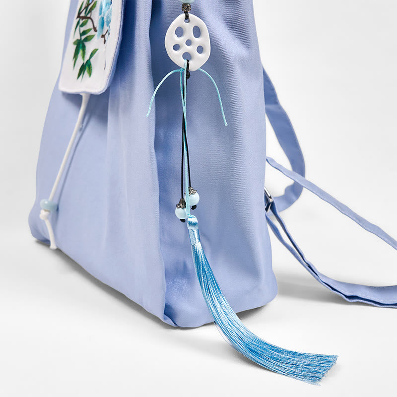 Zaino in tela di grande capacità, ricamato a mano con motivo di magnolia blu Buddha Stones
