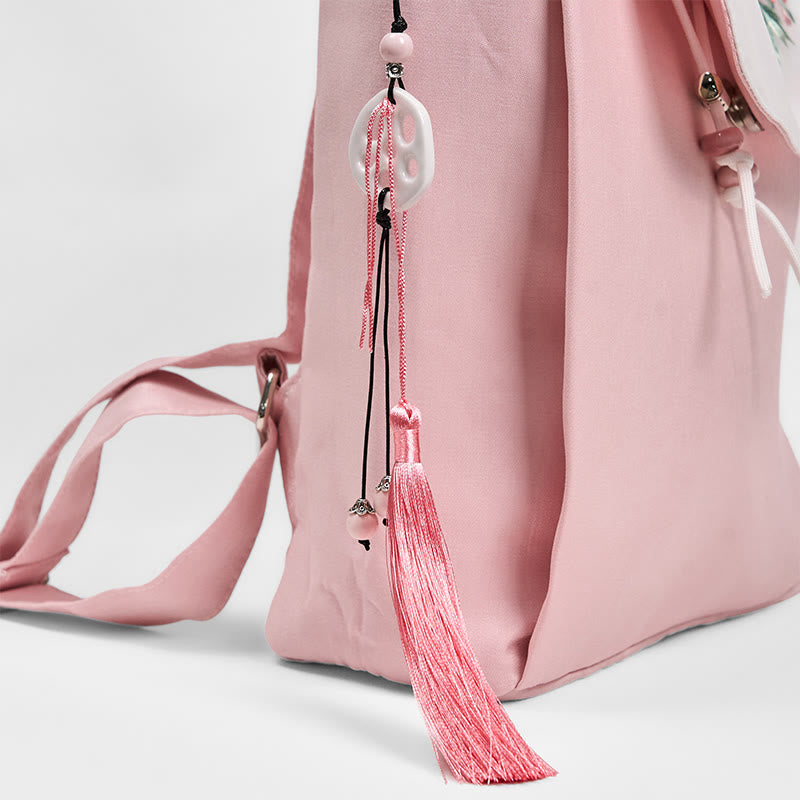 Zaino in tela di grande capacità ricamato con fiori di peonia rosa fatti a mano con Buddha Stones