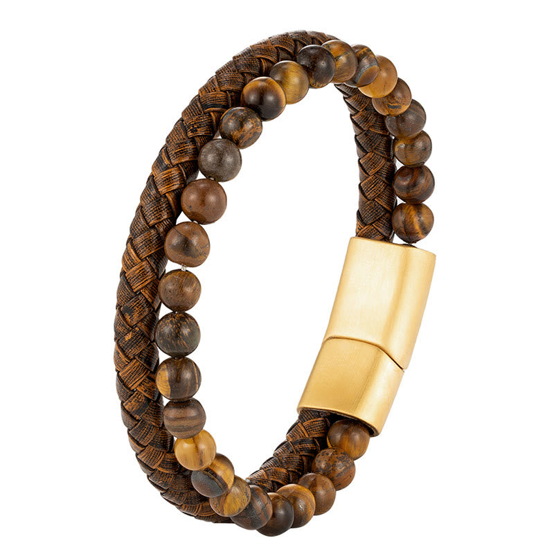 Bracciale multistrato in pelle con perline di occhio di tigre intrecciate Buddha Stones, chiusura in acciaio al titanio e cinturino in pelle. - image 4