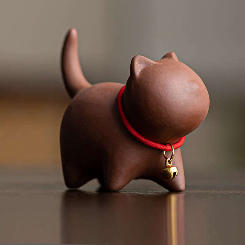 Mini Buddha Stones in argilla viola, decorazione da scrivania, a forma di campanella di corda rossa a forma di gatto. - Gatto marrone (6,7*5,0*5,7 cm) - image 1