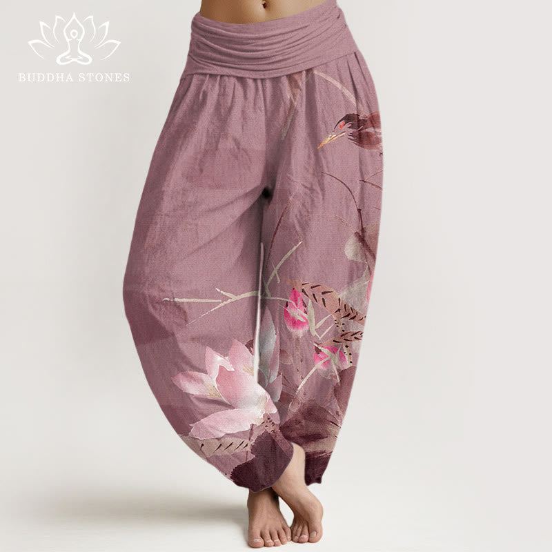 Pantaloni harem da donna con elastico in vita, in cotone, con foglie di loto rosa e motivo a uccelli, modello Buddha Stones - Rosso viola pallido - US22, UK/AU26, EU54 (6XL) - image 7