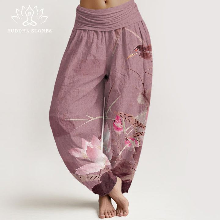 Pantaloni harem da donna con elastico in vita, in cotone, con foglie di loto rosa e motivo a uccelli, modello Buddha Stones - Rosso viola pallido - US22, UK/AU26, EU54 (6XL) - image 7