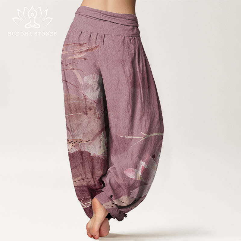 Pantaloni harem da donna con elastico in vita, in cotone, con foglie di loto rosa e motivo a uccelli, modello Buddha Stones - image 9