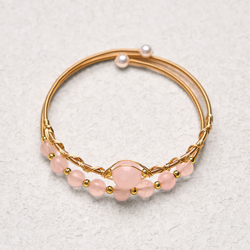 Bracciale rigido in metallo con cristalli di quarzo rosa naturale Buddha Stones Love Healing