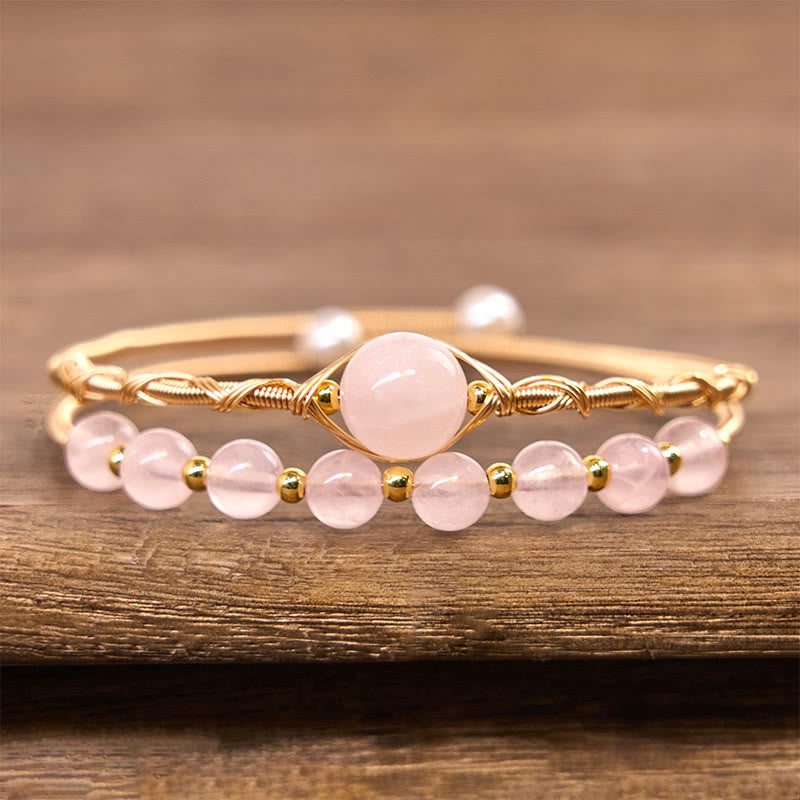Bracciale rigido in metallo con cristalli di quarzo rosa naturale Buddha Stones Love Healing