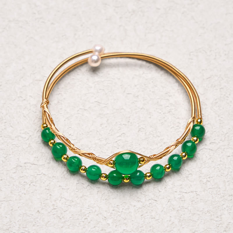 Bracciale rigido in metallo con agata verde naturale in rame riempito d'oro 14K Buddha Stones