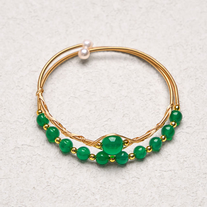 Bracciale rigido in metallo con agata verde naturale in rame riempito d'oro 14K Buddha Stones