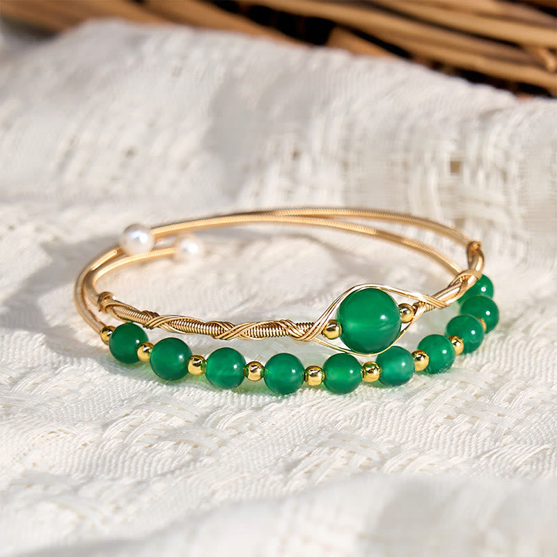 Bracciale rigido in metallo con agata verde naturale in rame riempito d'oro 14K Buddha Stones