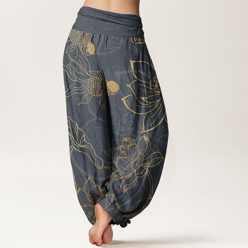 Pantaloni harem da donna con elastico in vita, in puro cotone, con foglie di loto e pesci koi, motivo Buddha Stones - image 6