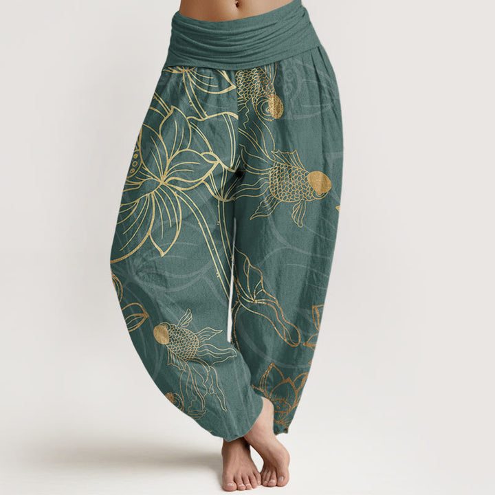 Pantaloni harem da donna con elastico in vita, in puro cotone, con foglie di loto e pesci koi, motivo Buddha Stones - Ciano scuro - US22, UK/AU26, EU54 (6XL) - image 0