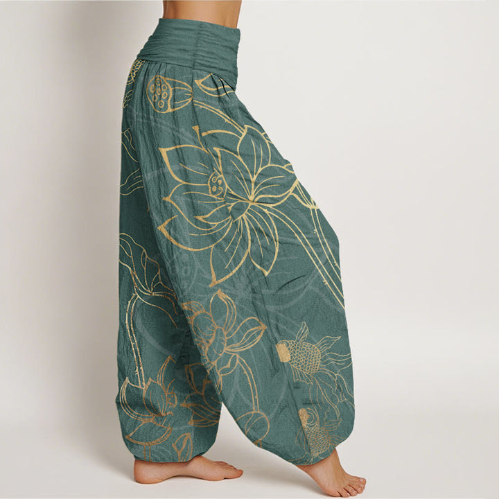 Pantaloni harem da donna con elastico in vita, in puro cotone, con foglie di loto e pesci koi, motivo Buddha Stones - image 2