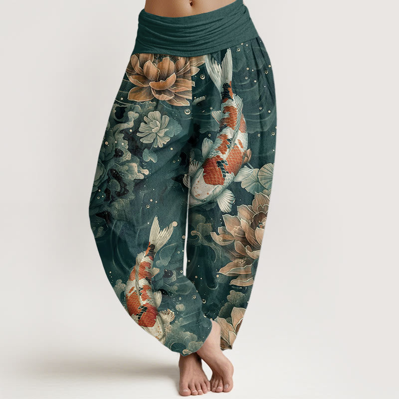 Pantaloni harem da donna con elastico in vita, in puro cotone, con motivo a Buddha Stones koi colorati e fiori di loto. - Verde Mare Chiaro - US22, UK/AU26, EU54 (6XL) - image 0