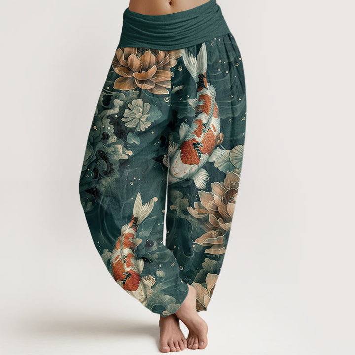 Pantaloni harem da donna con elastico in vita, in puro cotone, con motivo a Buddha Stones koi colorati e fiori di loto. - Verde Mare Chiaro - US22, UK/AU26, EU54 (6XL) - image 0