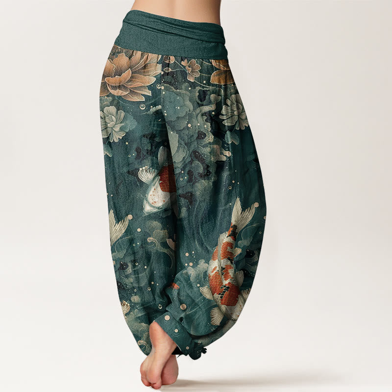 Pantaloni harem da donna con elastico in vita, in puro cotone, con motivo a Buddha Stones koi colorati e fiori di loto. - image 1