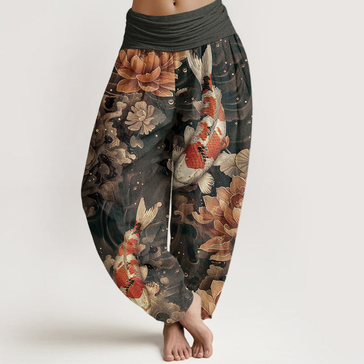 Pantaloni harem da donna con elastico in vita, in puro cotone, con motivo a Buddha Stones koi colorati e fiori di loto. - Tan - US22, UK/AU26, EU54 (6XL) - image 6