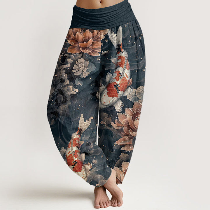 Pantaloni harem da donna con elastico in vita, in puro cotone, con motivo a Buddha Stones koi colorati e fiori di loto. - SteelBlue - US22, UK/AU26, EU54 (6XL) - image 9