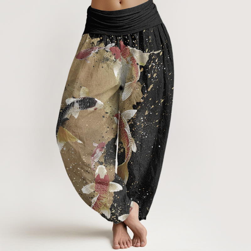 Pantaloni harem da donna con elastico in vita, in puro cotone, casual, con motivo a pesce koi e inchiostro dorato, motivo Buddha Stones - Nero - US22, UK/AU26, EU54 (6XL) - image 0