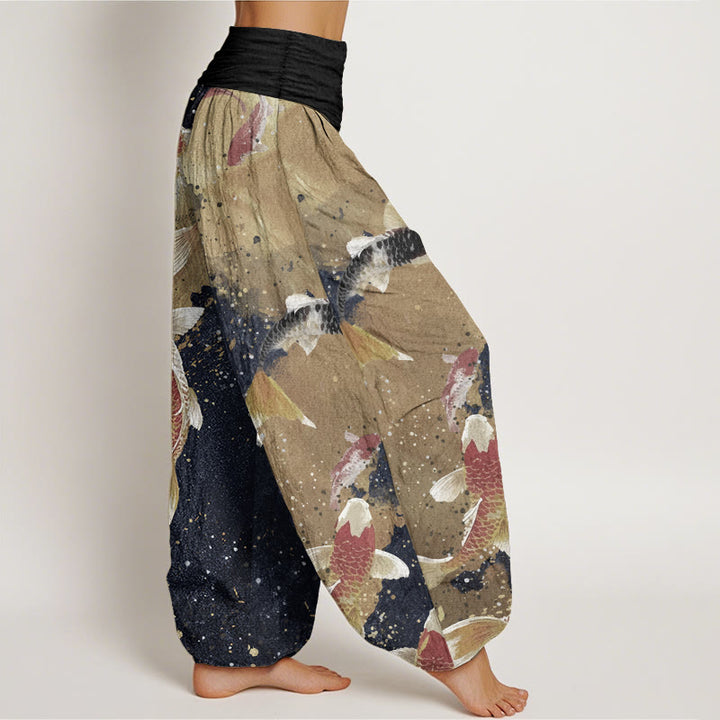 Pantaloni harem da donna con elastico in vita, in puro cotone, casual, con motivo a pesce koi e inchiostro dorato, motivo Buddha Stones - image 8