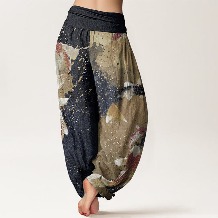 Pantaloni harem da donna con elastico in vita, in puro cotone, casual, con motivo a pesce koi e inchiostro dorato, motivo Buddha Stones - image 7