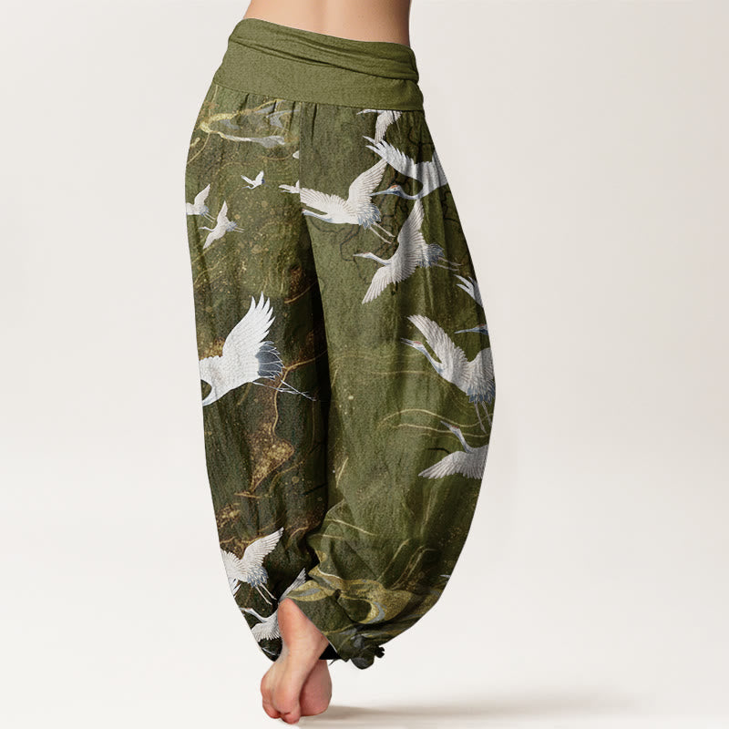 Pantaloni harem da donna in cotone con elastico in vita, motivo: Buddha Stones, gru bianche volanti, nuvole di buon auspicio - image 10